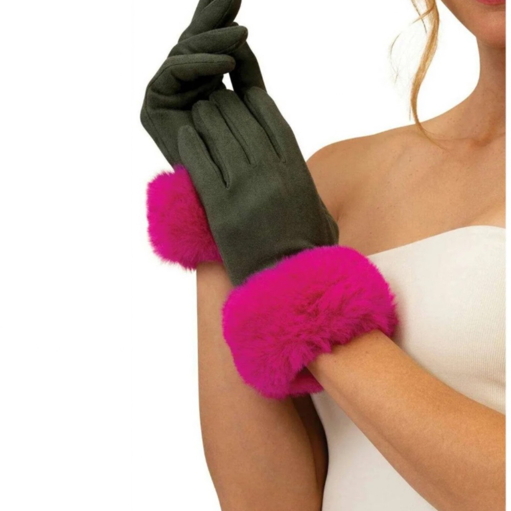New Powder Bettina Gloves Magenta & Olive Faux Suede Faux Fir Trim OS